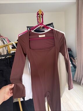 Square-Neck Brown Long-Sleeve Jumpsuit